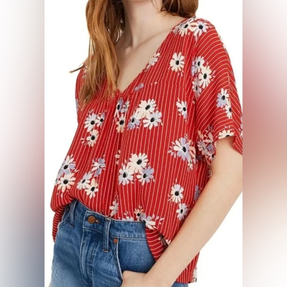 Madewell Rhyme Blouse in Daisy Society Floral Striped Red size XS